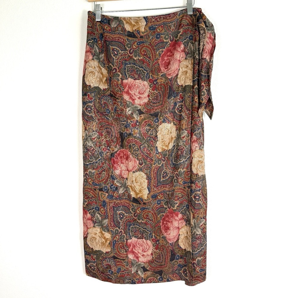 Northern Isles Vintage 90s Satin Floral Paisley Midi Skirt Womens 10 Cottagecore